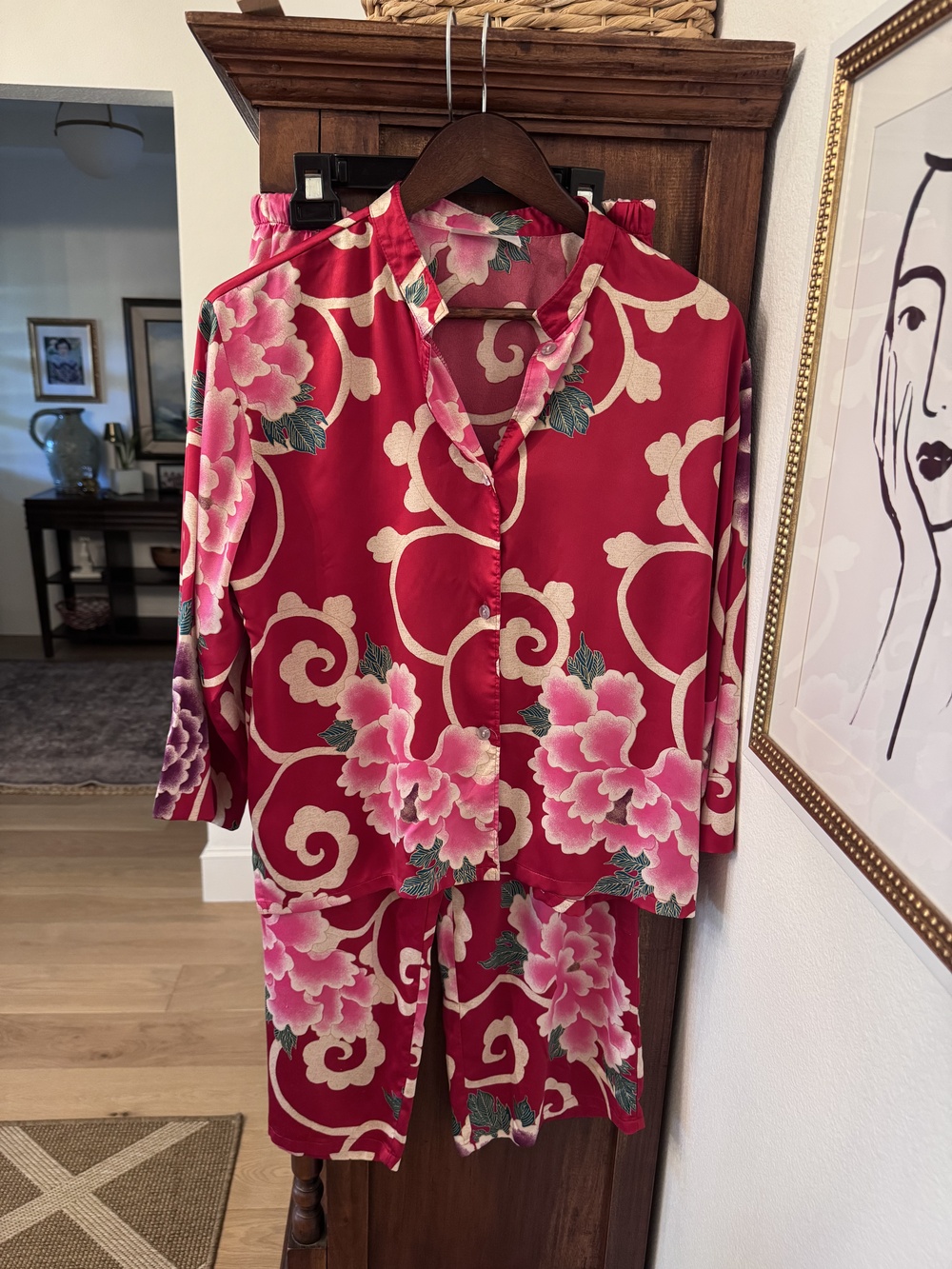 Natori Pajama Set Womens Small Red Floral Satin Kimono Top Pants Lounge